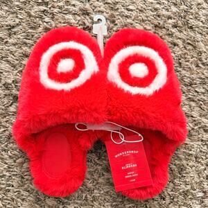 Red fuzzy target slippers with